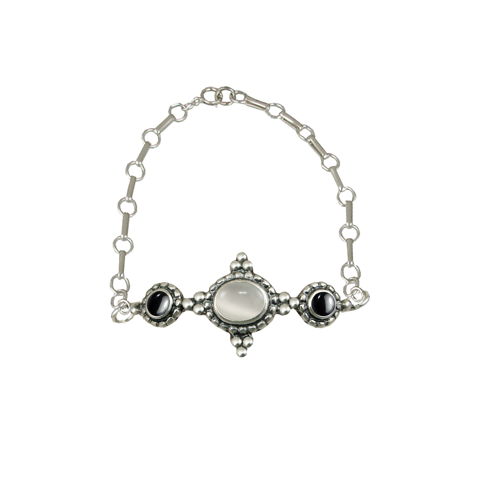 Sterling Silver Gemstone Adjustable Chain Bracelet With White Moonstone And Hematite